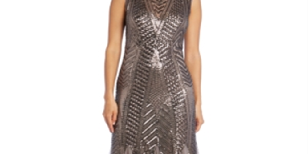 Vestido de noite feminino R &amp; M Richards, sem mangas, com lantejoulas, gola alta, plissado, marrom, tamanho 16