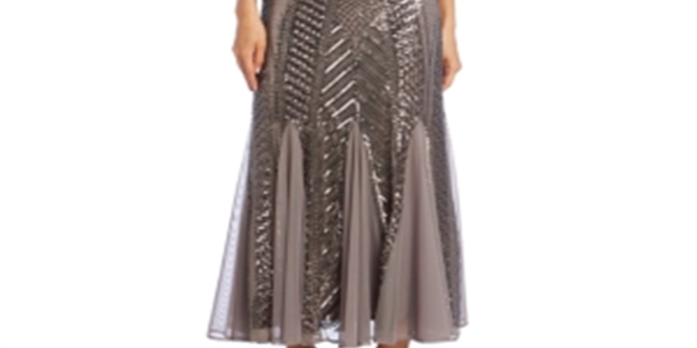 Vestido de noite feminino R &amp; M Richards, sem mangas, com lantejoulas, gola alta, plissado, marrom, tamanho 16