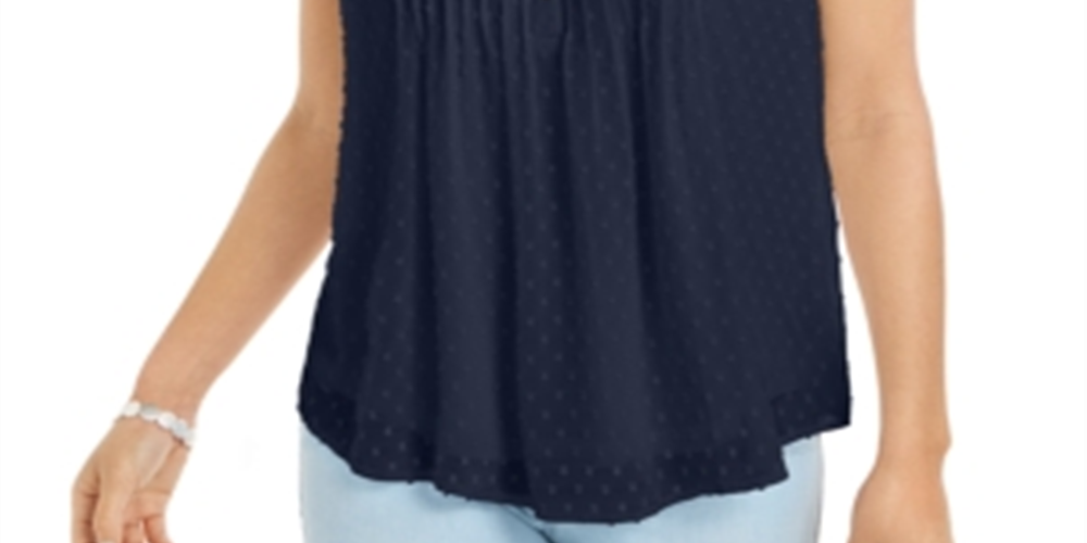 Charter Club Top plissado feminino com bolinhas, azul, tamanho pequeno