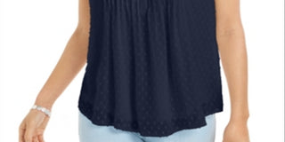 Charter Club Top plissado feminino com bolinhas, azul, tamanho pequeno