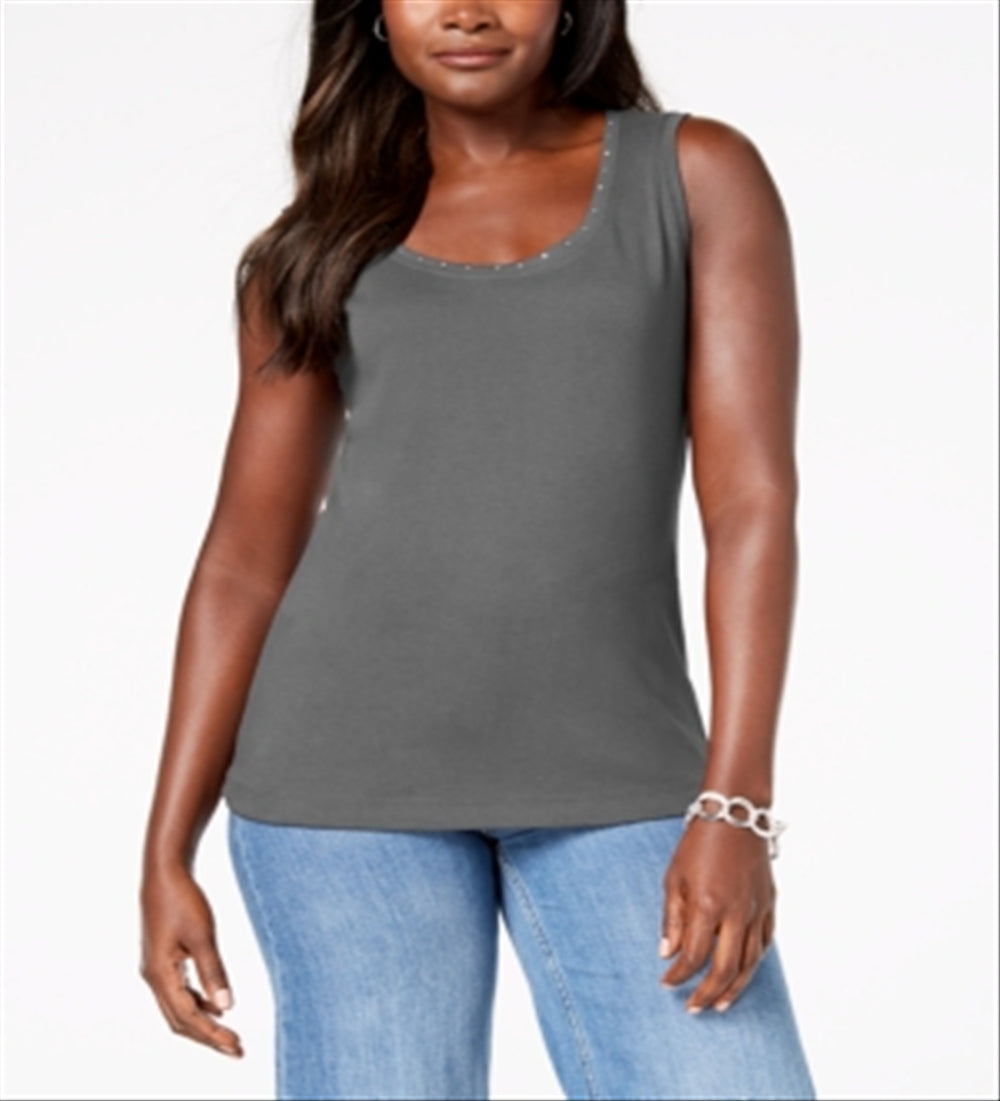 Regata feminina Karen Scott com decote redondo e detalhes em tons de cinza, tamanho médio