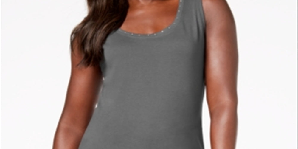 Regata feminina Karen Scott com decote redondo e detalhes em tons de cinza, tamanho médio