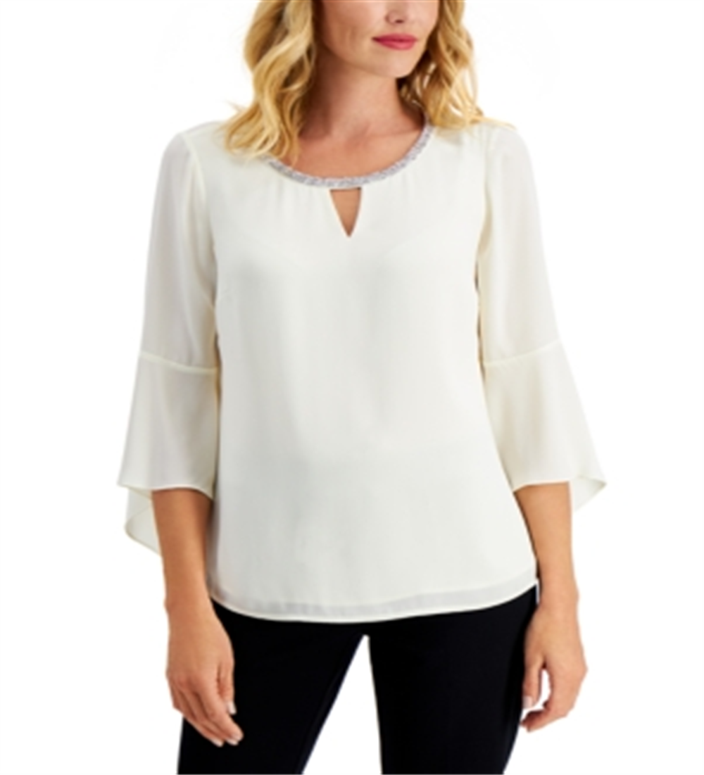 JM Collection Top feminino com manga sino e strass, branco, tamanho extrapequeno