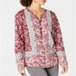Blusa feminina floral de manga comprida com decote em V, tamanho médio, vermelha, estilo &amp; co