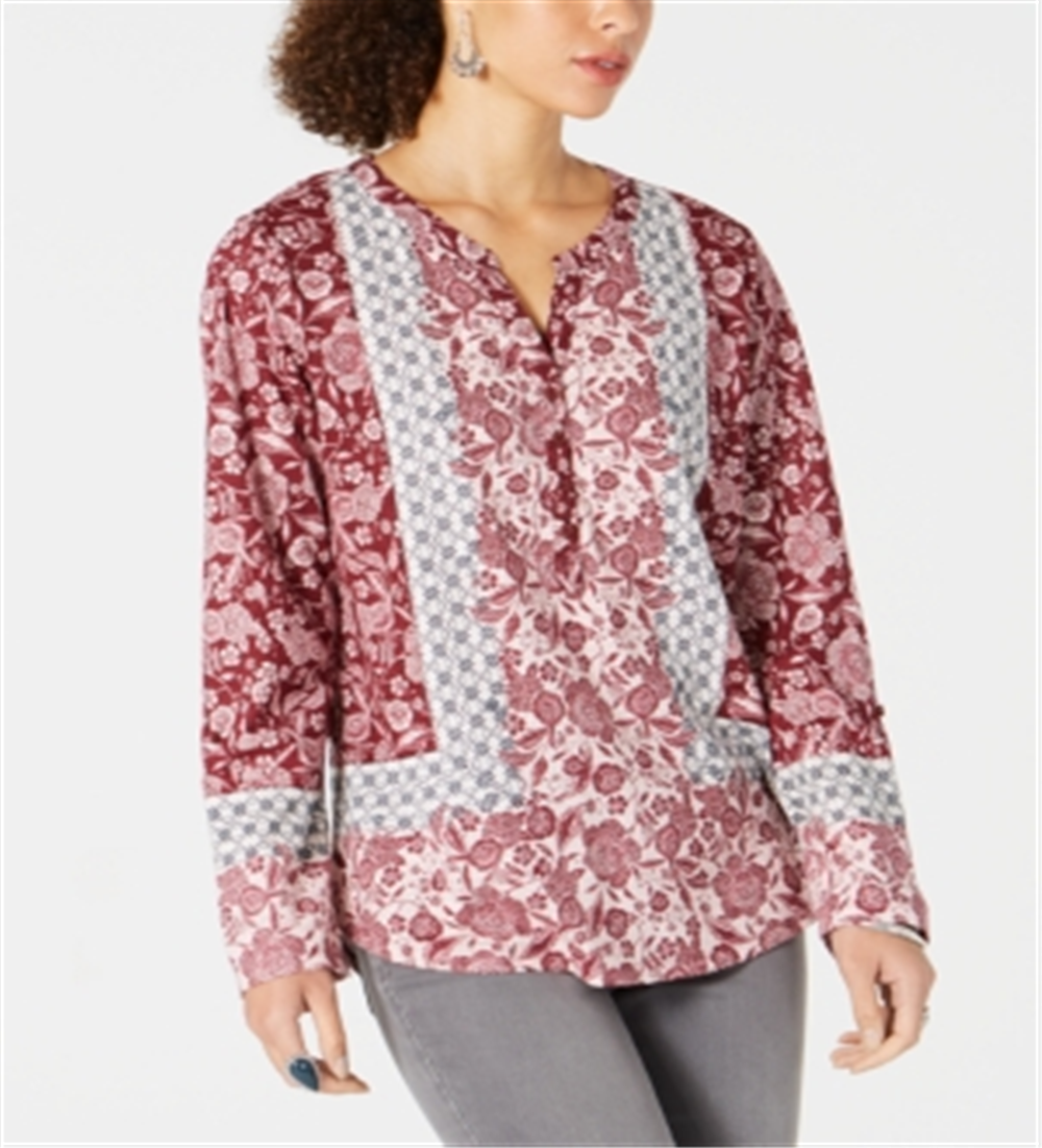 Blusa feminina floral de manga comprida com decote em V, tamanho médio, vermelha, estilo &amp; co