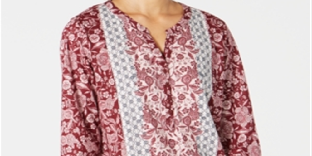 Blusa feminina floral de manga comprida com decote em V, tamanho médio, vermelha, estilo &amp; co