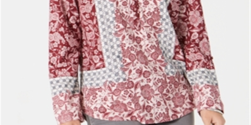 Blusa feminina floral de manga comprida com decote em V, tamanho médio, vermelha, estilo &amp; co