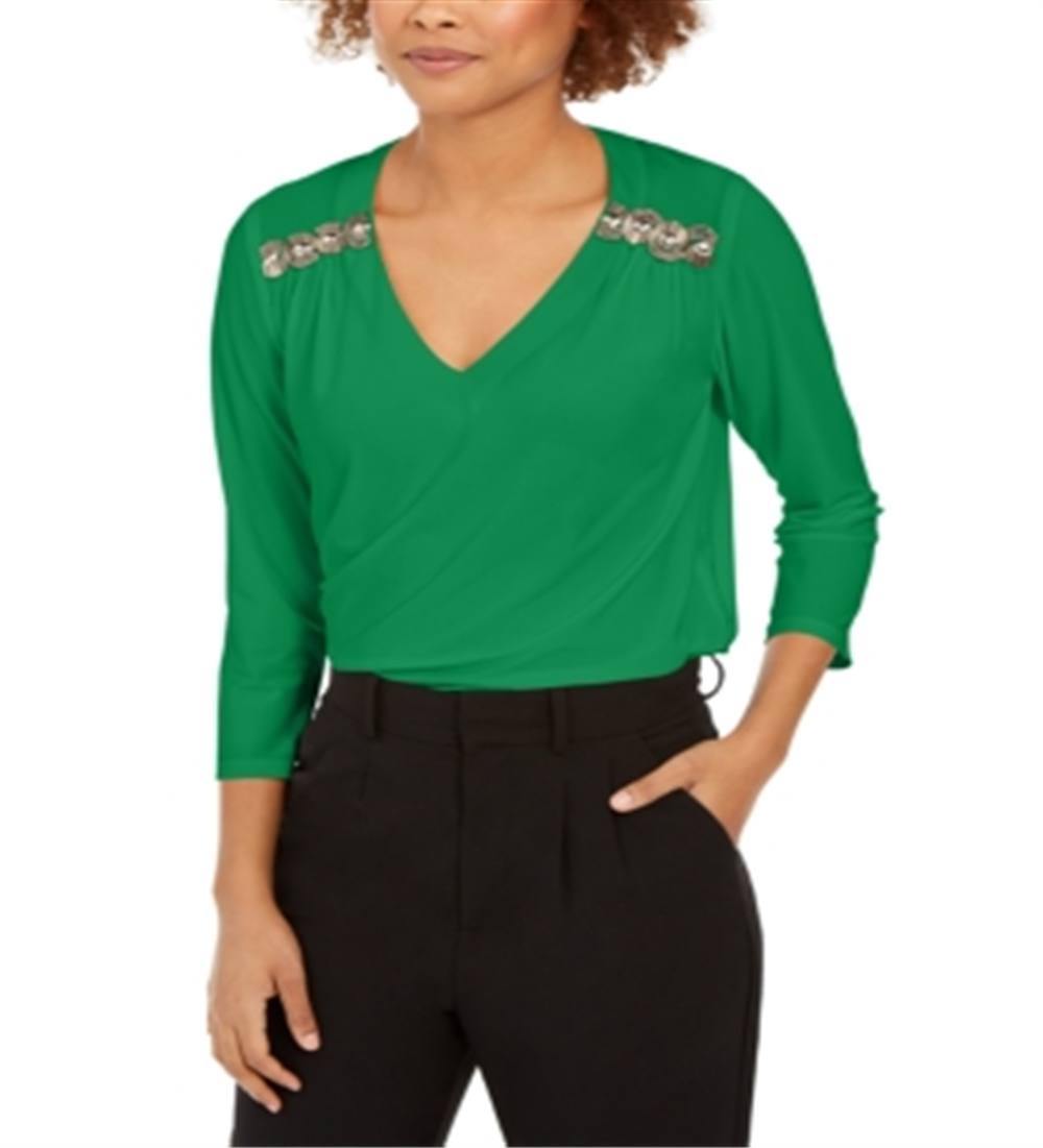 Blusa feminina com acabamento em miçangas da NY Collection, rosa, tamanho pequeno GG