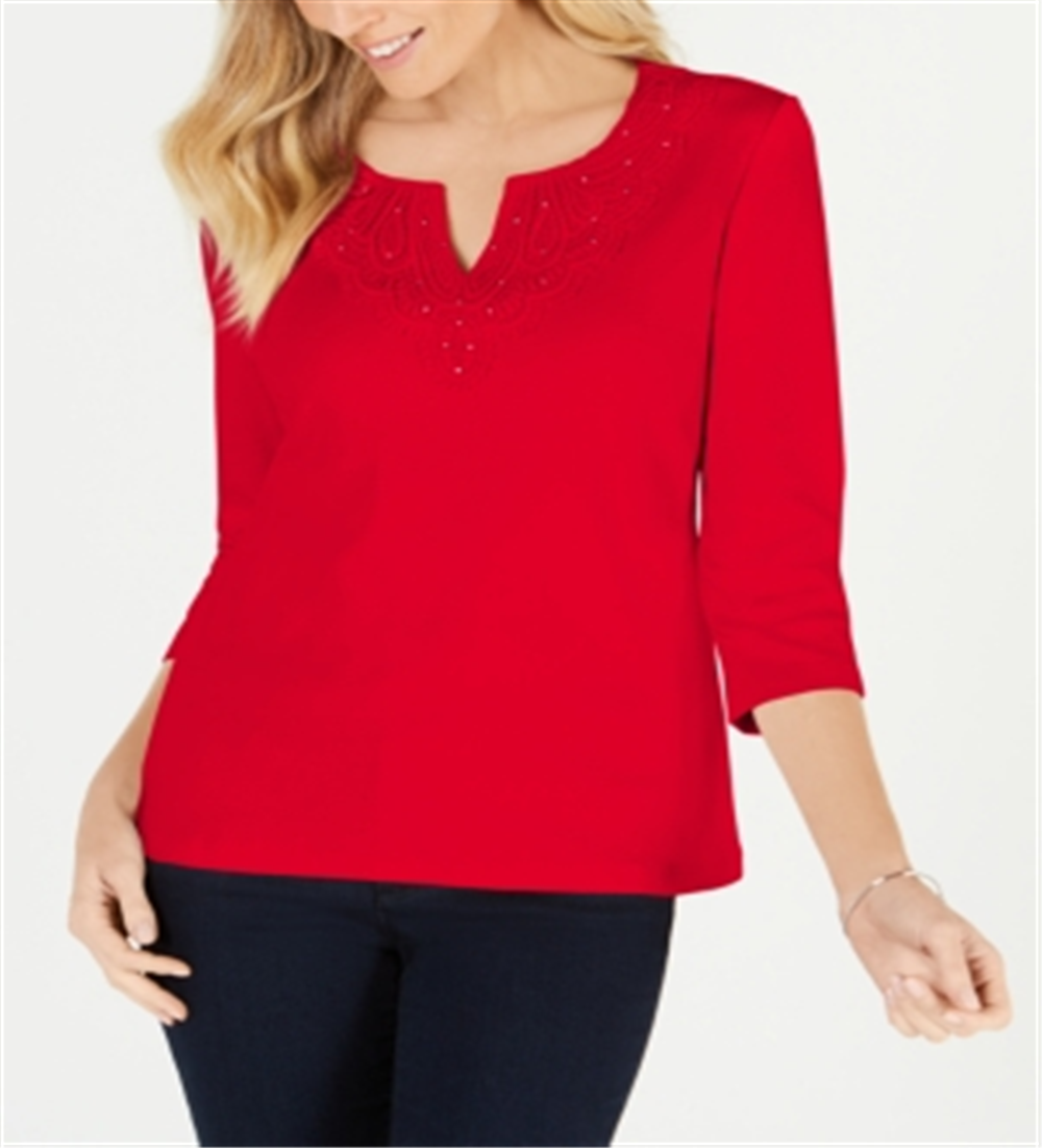 Camiseta feminina Karen Scott de algodão com acabamento em crochê, vermelha, tamanho pequeno