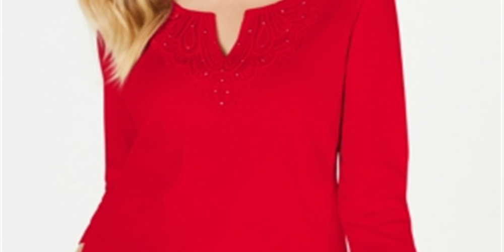 Camiseta feminina Karen Scott de algodão com acabamento em crochê, vermelha, tamanho pequeno