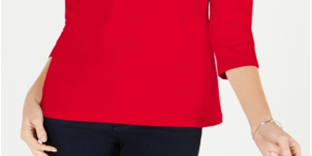 Camiseta feminina Karen Scott de algodão com acabamento em crochê, vermelha, tamanho pequeno