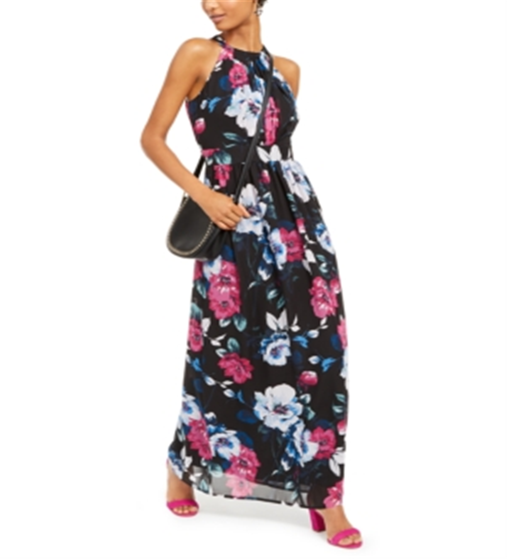 Vestido longo de chiffon com estampa floral e alças finas da INC International Concepts, tamanho 6, preto