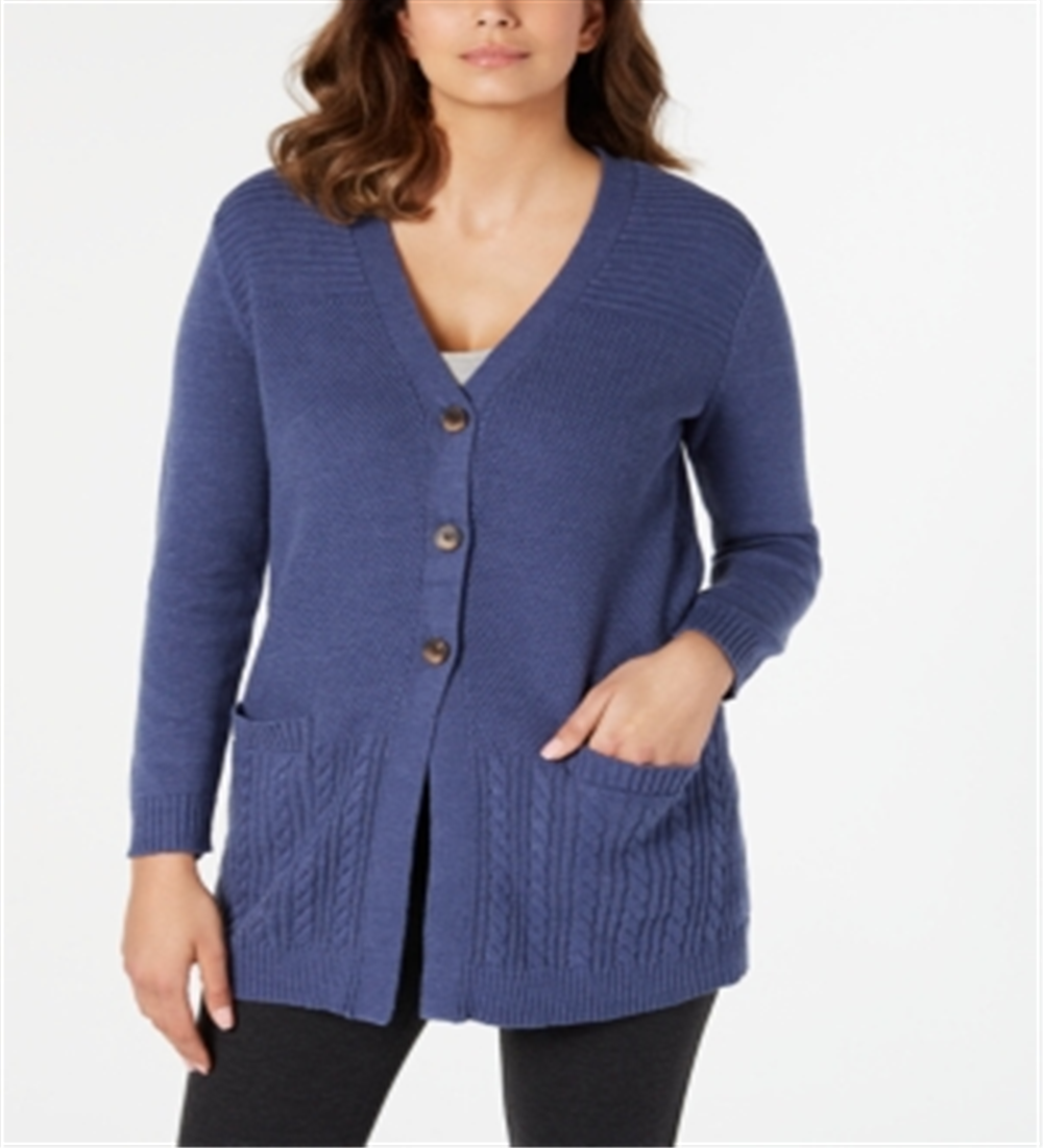 Karen Scott Cardigan Feminino com Botões Frontais e Pontos Mistos Azul Tamanho P