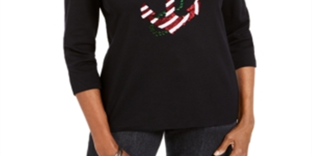 Karen Scott Top feminino com lantejoulas e âncora, preto, tamanho G