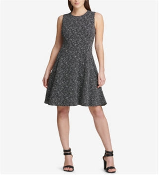 DKNY Women's Speckle Sleeveless Jewel Neck Knee Length Fit Flare Dress Black Size 16