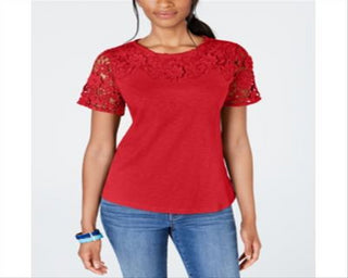 Camiseta feminina Charter Club Petite Cotton Bordada, Risky Red, tamanho Petite S