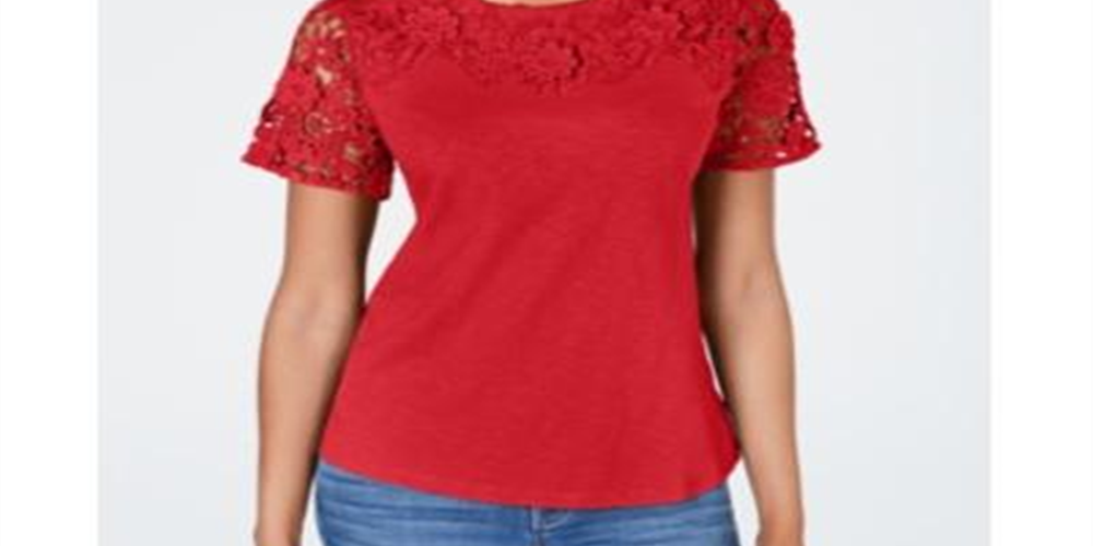 Camiseta feminina Charter Club Petite Cotton Bordada, Risky Red, tamanho Petite S
