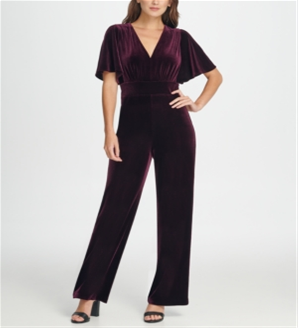 Macacão feminino DKNY com zíper e manga sino, decote em V, perna larga, roxo, tamanho 12