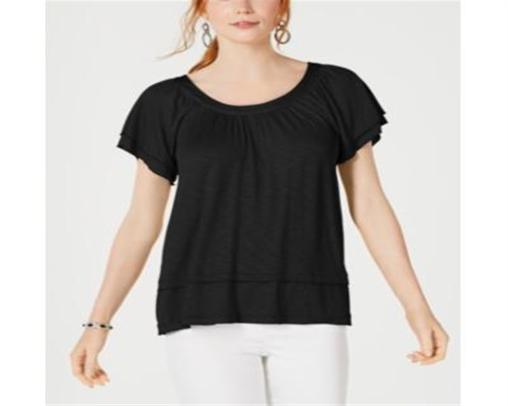 Blusa feminina estilo &amp; co com mangas bufantes e camadas, preta, tamanho médio