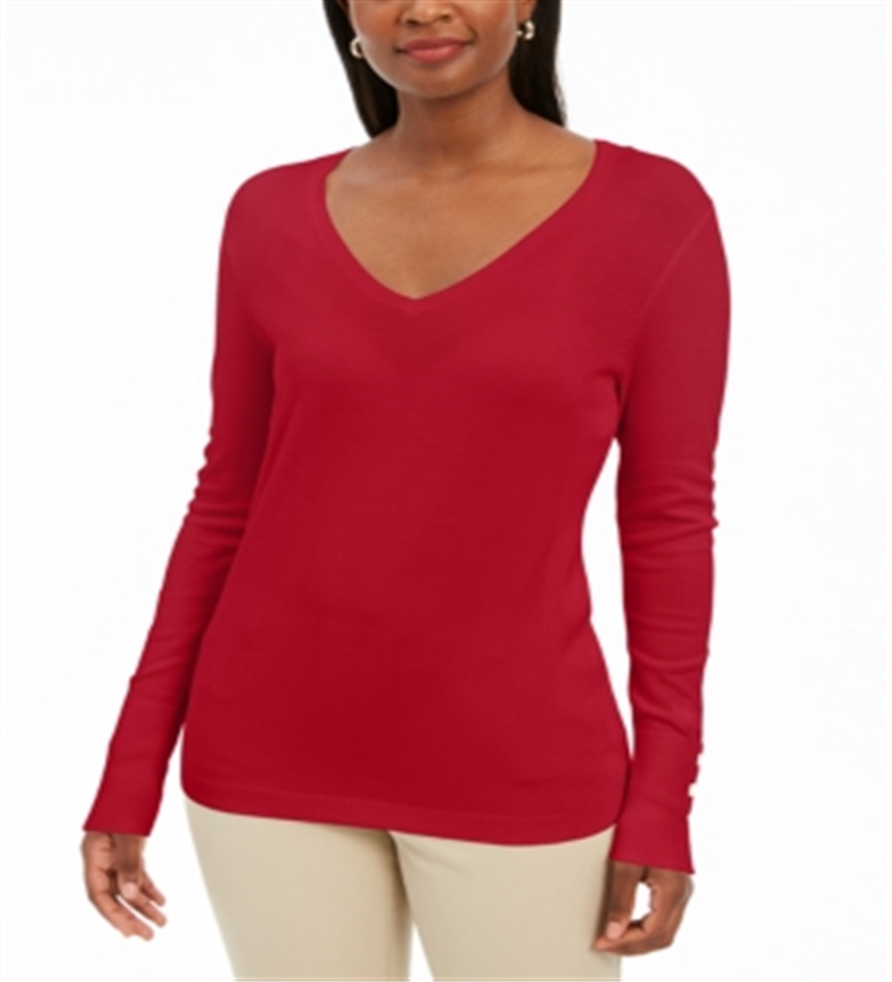 JM Collection Suéter feminino de manga comprida com decote em V, vermelho, tamanho extragrande