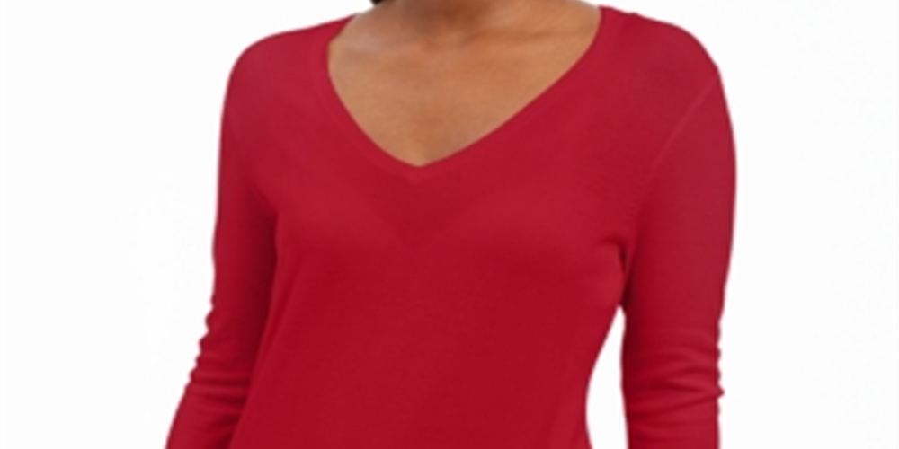 JM Collection Suéter feminino de manga comprida com decote em V, vermelho, tamanho extragrande
