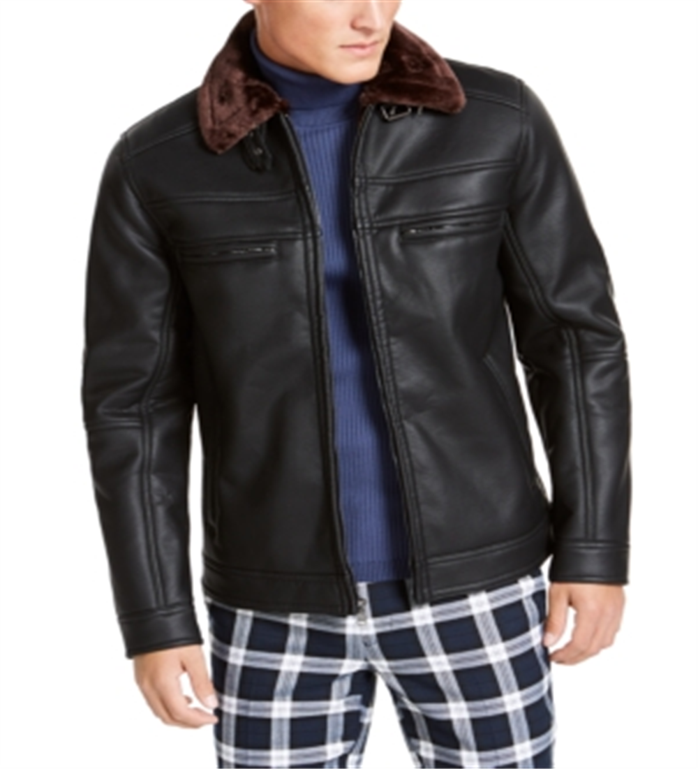 Jaqueta masculina de couro sintético com zíper e forro de pele sintética da INC International Concepts, preta, tamanho XX-G