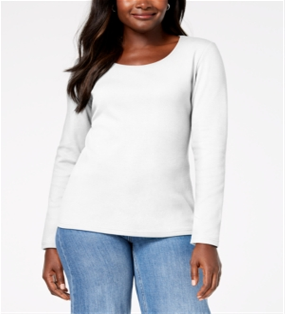Karen Scott Blusa feminina de algodão com decote redondo, branca, tamanho pequeno