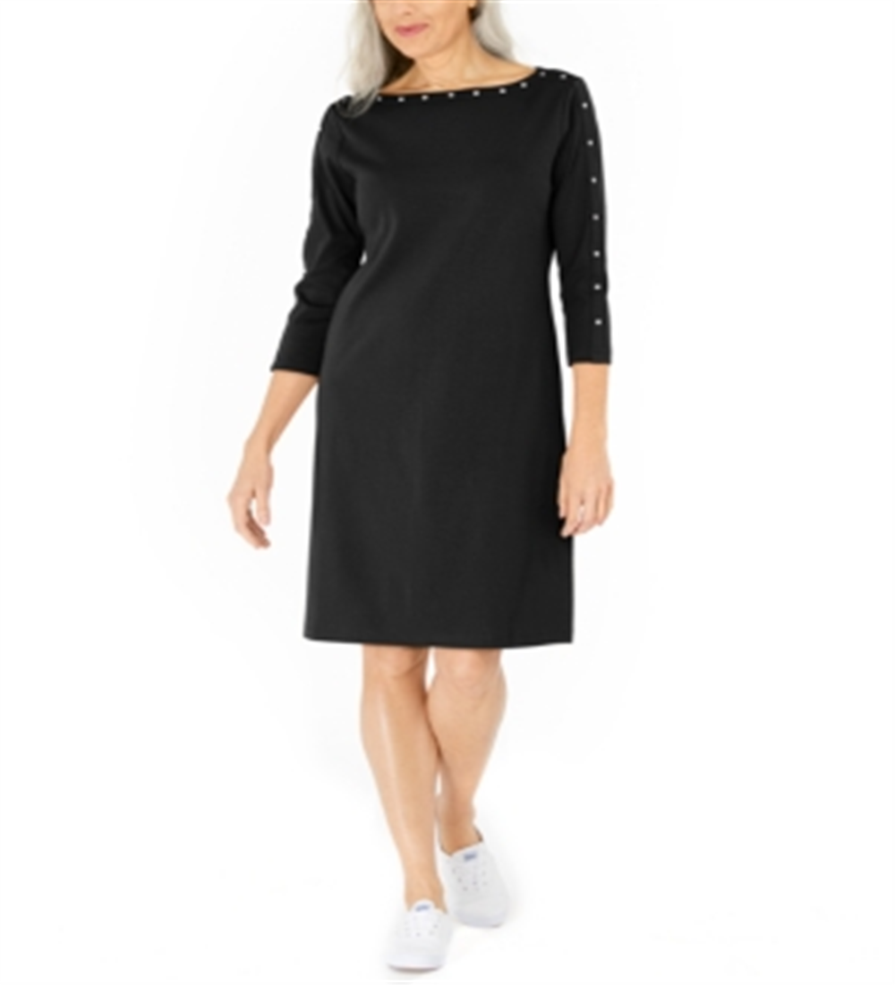 Vestido rodado com tachas de algodão feminino Karen Scott, preto, tamanho pequeno
