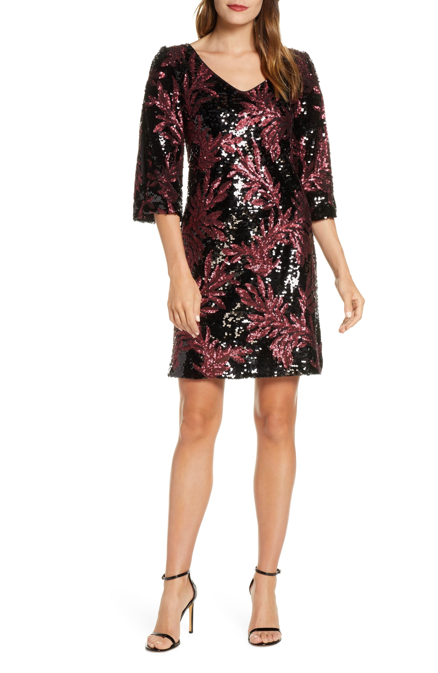 Vestido feminino Taylor com mangas divididas e lantejoulas botânicas, preto, tamanho 10