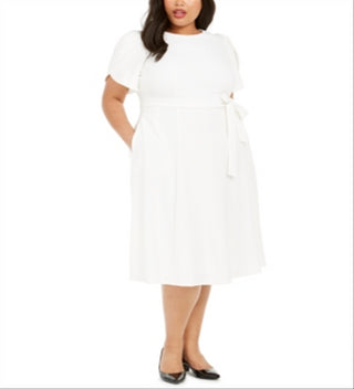 Vestido Calvin Klein Feminino Manga Tulipa com Cinto Automático Branco Tamanho 22W