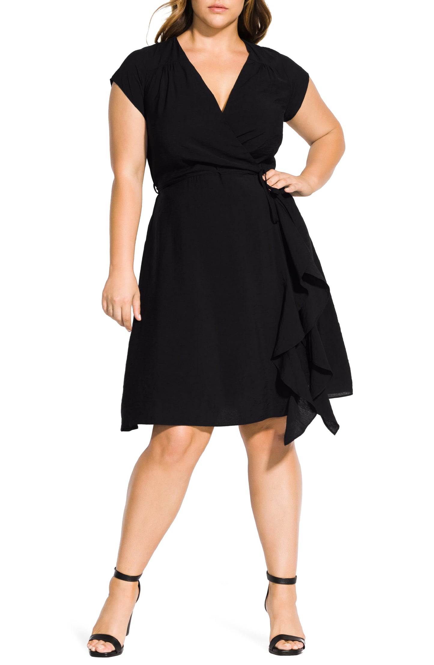 Vestido envelope feminino City Chic com babados em cetim sintético, preto, tamanho X-S