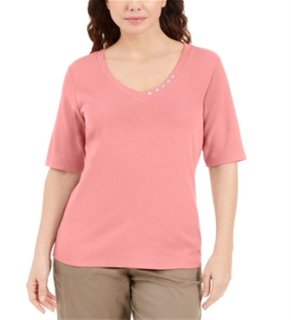 Blusa feminina Karen Scott com decote em V e detalhe de botão, rosa, tamanho pequeno