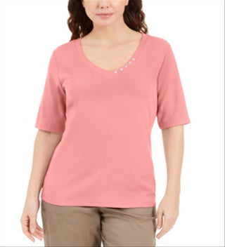Blusa feminina Karen Scott com decote em V e detalhe de botão, rosa, tamanho pequeno