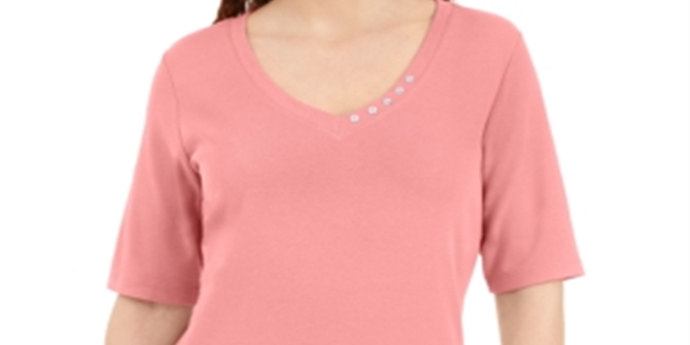 Blusa feminina Karen Scott com decote em V e detalhe de botão, rosa, tamanho pequeno