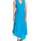Vestido de festa midi com zíper e cinto, sem mangas, decote em V, azul, tamanho 4, Vince Camuto