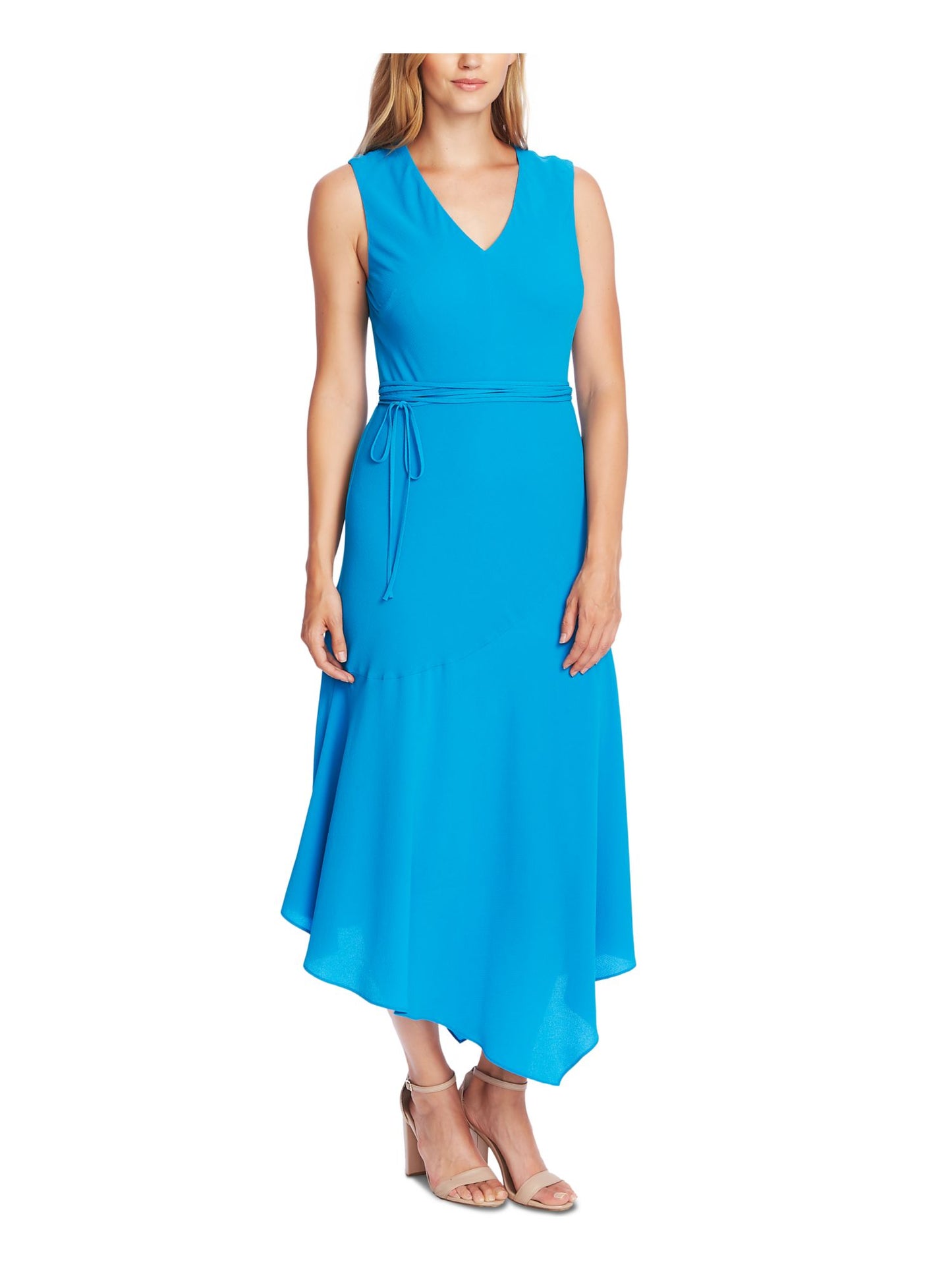 Vestido de festa midi com zíper e cinto, sem mangas, decote em V, azul, tamanho 4, Vince Camuto