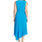 Vestido de festa midi com zíper e cinto, sem mangas, decote em V, azul, tamanho 4, Vince Camuto