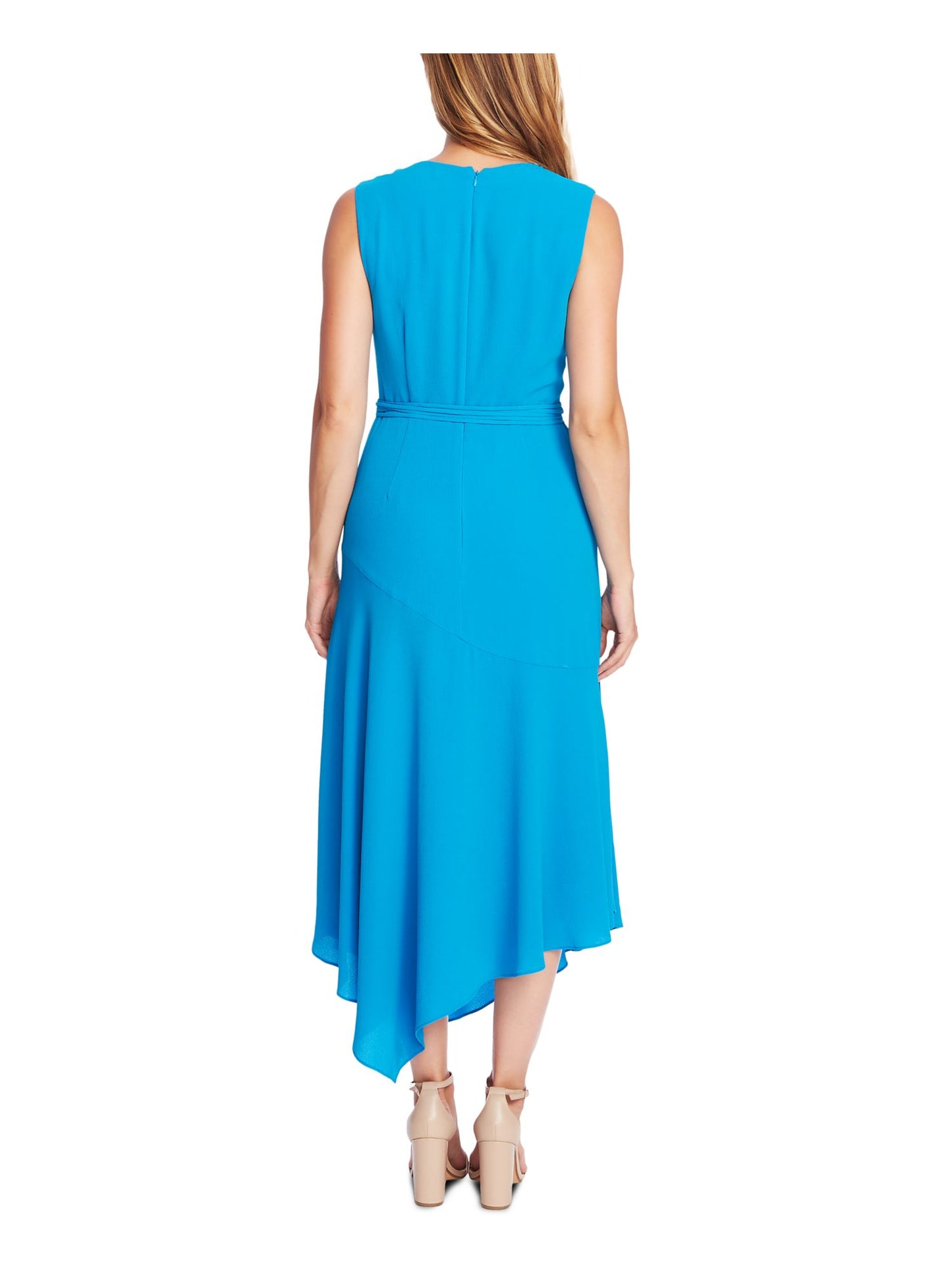 Vestido de festa midi com zíper e cinto, sem mangas, decote em V, azul, tamanho 4, Vince Camuto