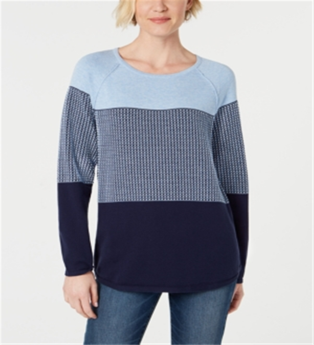 Karen Scott Suéter Feminino de Algodão Colorblock Azul Tamanho Pequeno