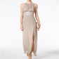 Vestido feminino R &amp; M Richards com decote halter e decote em V em malha metálica, tamanho 16, dourado