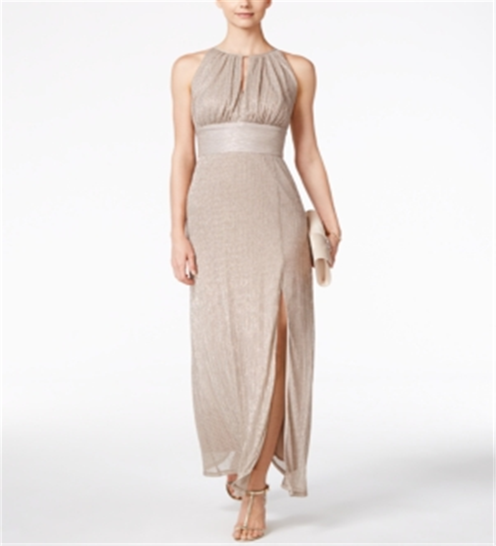 Vestido feminino R &amp; M Richards com decote halter e decote em V em malha metálica, tamanho 16, dourado