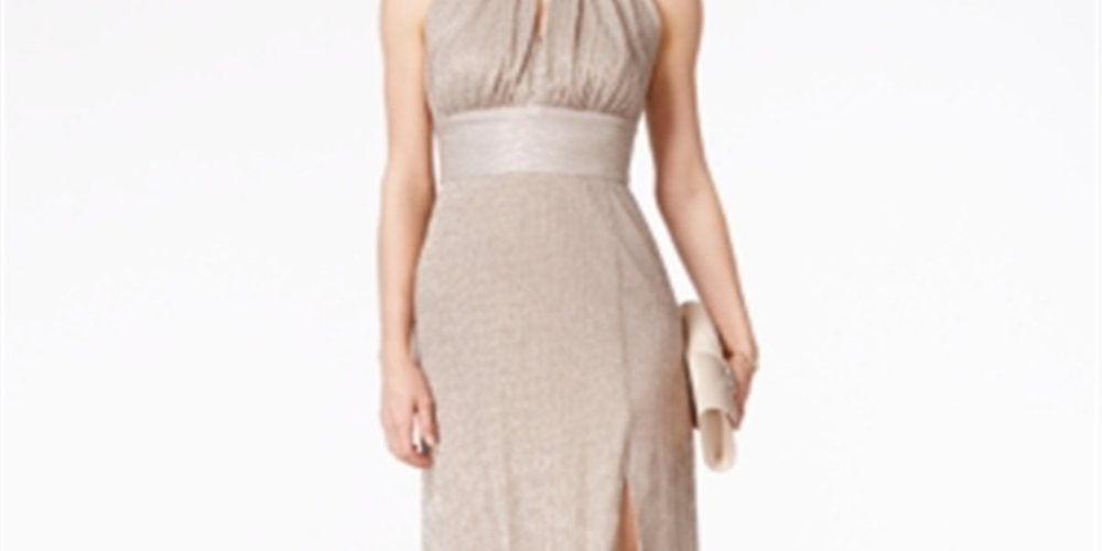 Vestido feminino R &amp; M Richards com decote halter e decote em V em malha metálica, tamanho 16, dourado