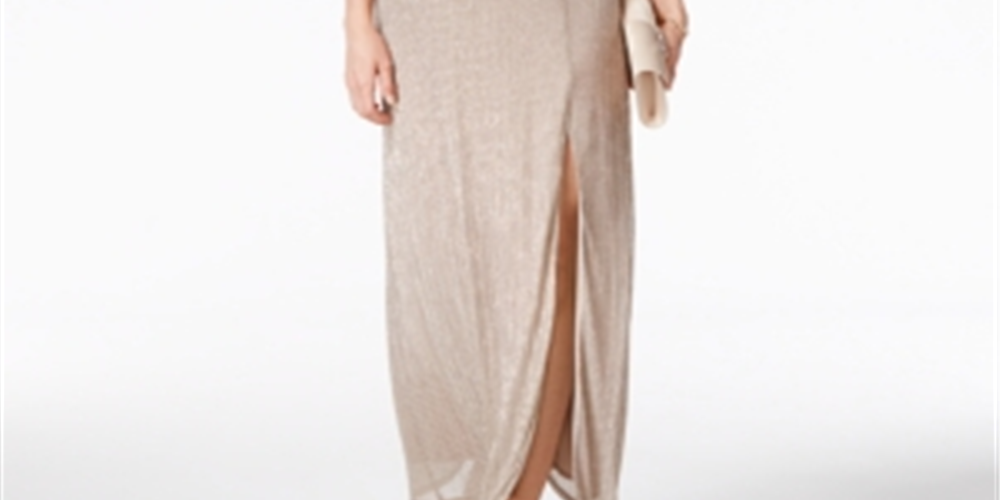 Vestido feminino R &amp; M Richards com decote halter e decote em V em malha metálica, tamanho 16, dourado