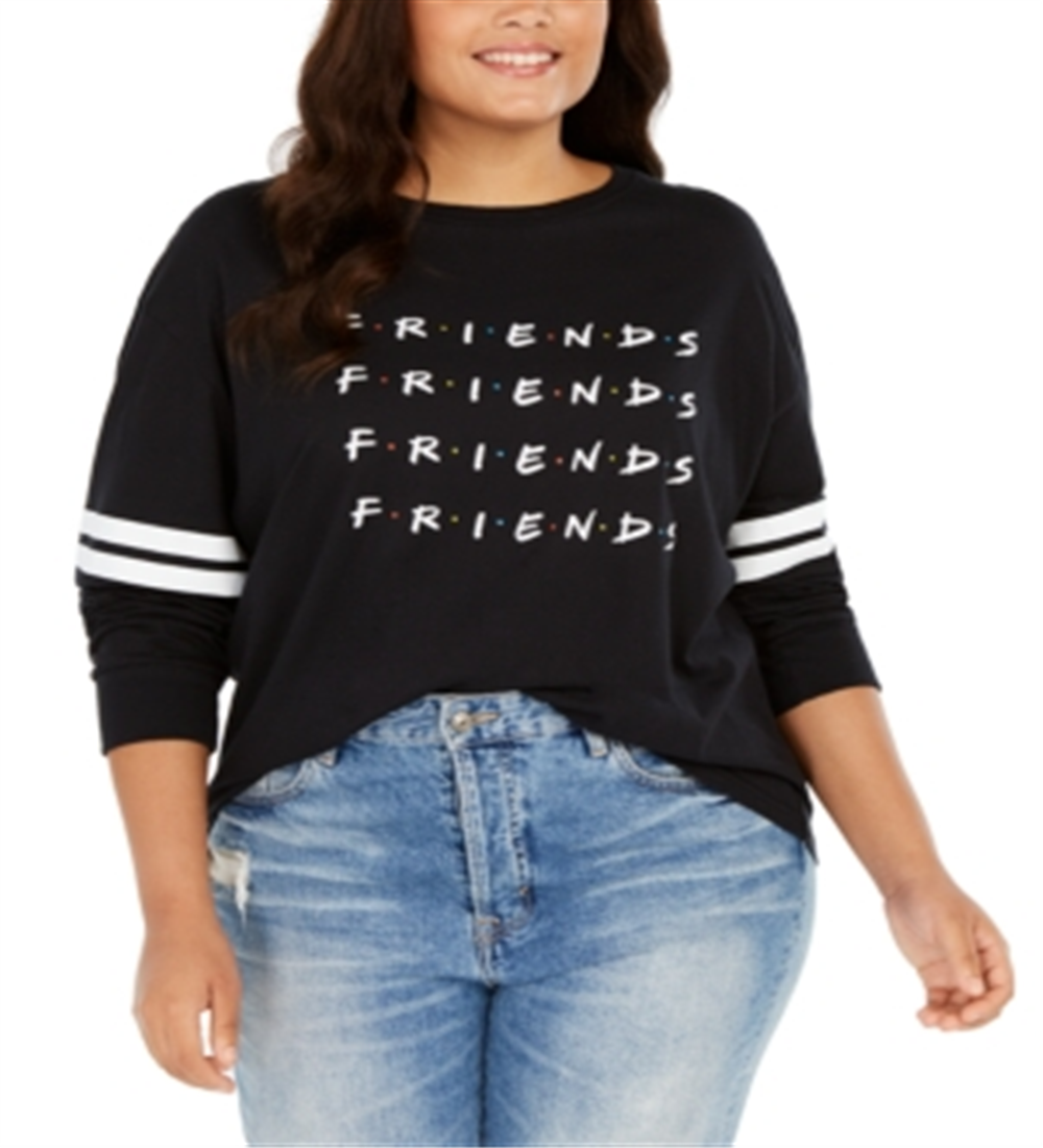 Camiseta feminina moderna Lux Trendy Plus Cotton Friends Graphic, preta, tamanho 3X
