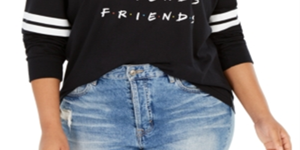 Camiseta feminina moderna Lux Trendy Plus Cotton Friends Graphic, preta, tamanho 3X