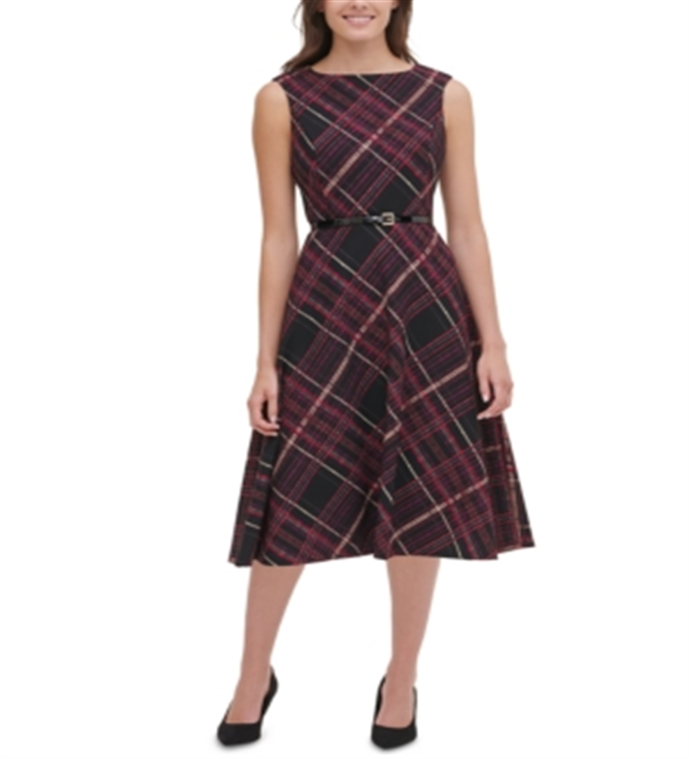 Vestido feminino Tommy Hilfiger Piper com cinto xadrez, ajuste e flare, preto, tamanho 16