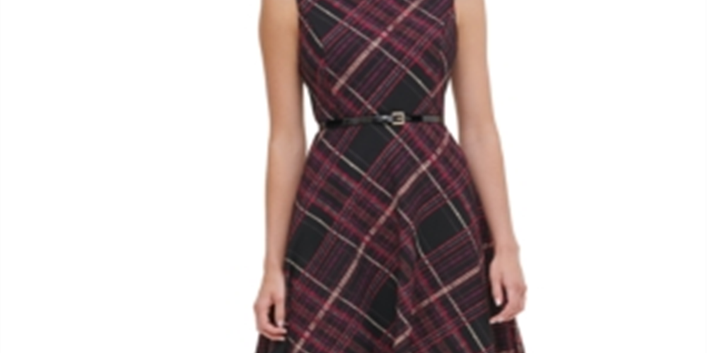 Vestido feminino Tommy Hilfiger Piper com cinto xadrez, ajuste e flare, preto, tamanho 16