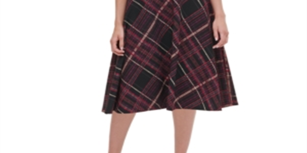 Vestido feminino Tommy Hilfiger Piper com cinto xadrez, ajuste e flare, preto, tamanho 16