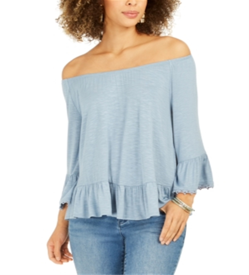 Blusa feminina estilo &amp; co ombro a ombro com babados, azul, tamanho pequeno P