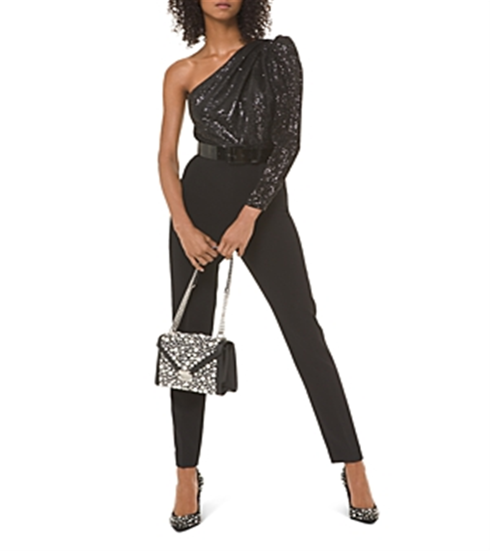 Macacão feminino Michael Kors com lantejoulas e um ombro só, preto, tamanho 8